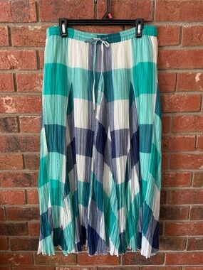 Coldwater Creek Blue Turquoise Plaid Pleated Boho Maxi Skirt